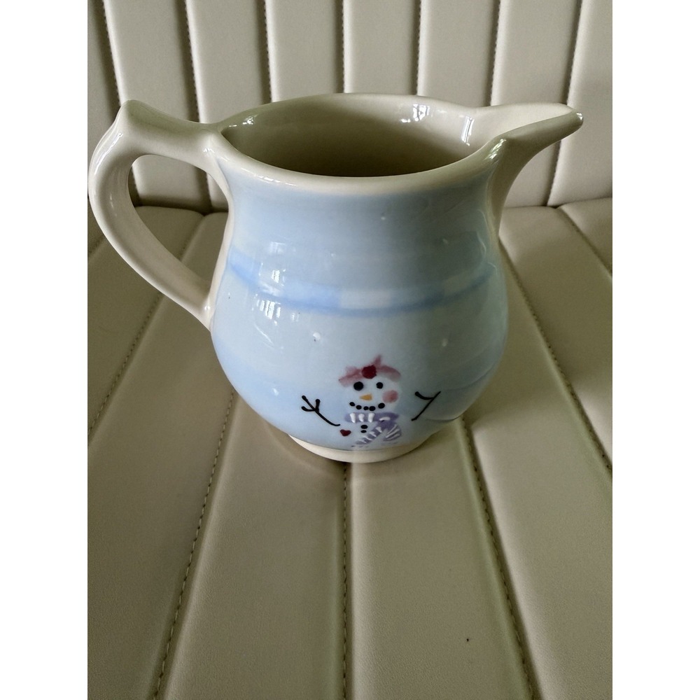 Hartstone Pottery SNOW PEOPLE 32oz Small Pitcher Snowman Blue Christmas Vtg 1990